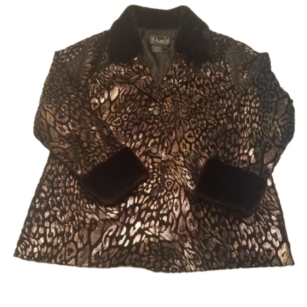 Rochelle California Fashion Knitwear Black Jacket Faux Fur w/ Animal Print SZ L